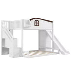 Lit superposé deux places et une place avec toboggan, étagères, escalier de rangement et armoire pour chambre d'enfant