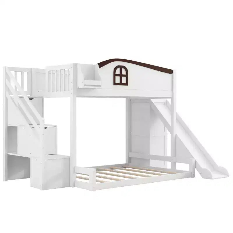 Lit superposé deux places et une place avec toboggan, étagères, escalier de rangement et armoire pour chambre d'enfant