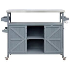 Îlot de cuisine d'extérieur Okak avec plateau en acier inoxydable, chariot de cuisine en bois avec portes, étagères et porte-épices, îlot de cuisine roulant