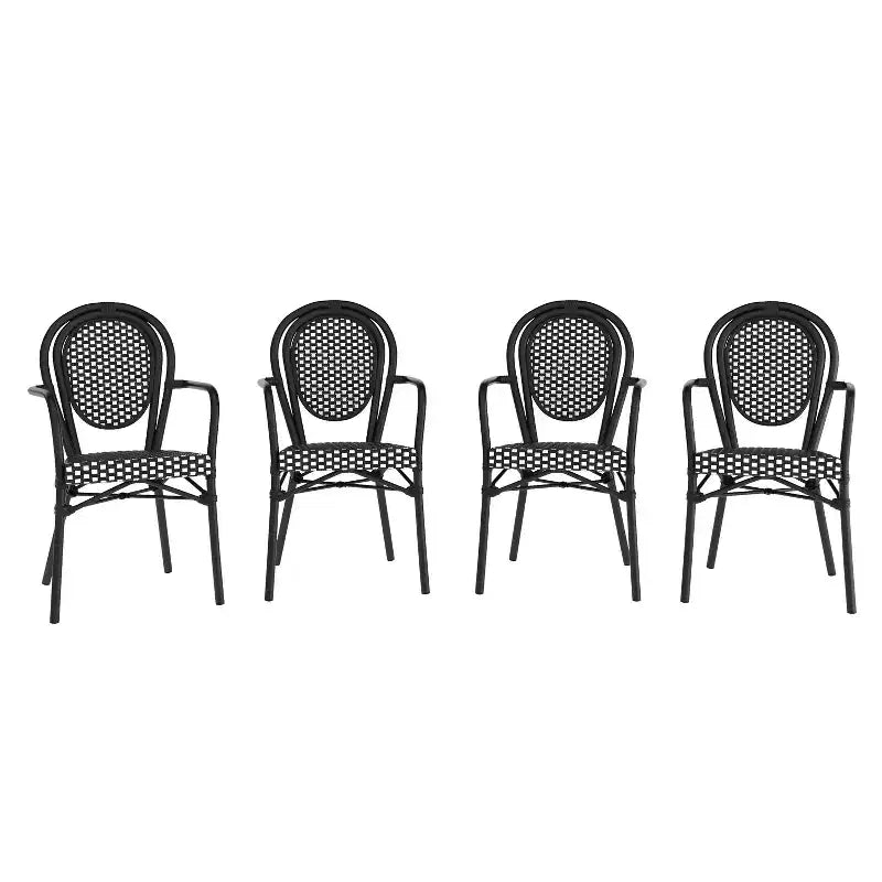 Lot de 4 chaises bistrot Lourdes Thonet empilables avec accoudoirs, en rotin PE et cadre en aluminium, pour l'intérieur et l'extérieur, de la marque Flash Furniture