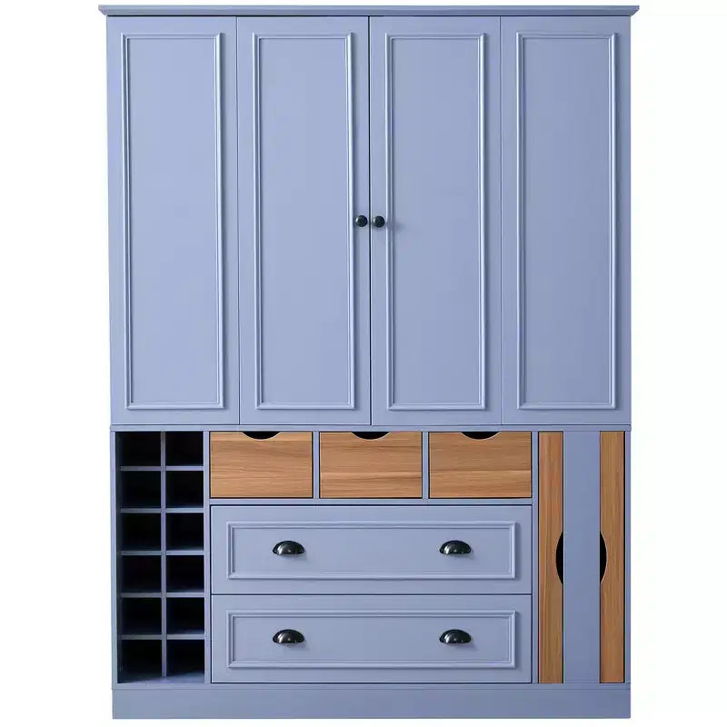 Armoire de cuisine autoportante haute Whisen 71, grand buffet de rangement pour salle à manger avec 4 portes pliantes, étagères et casiers à vin
