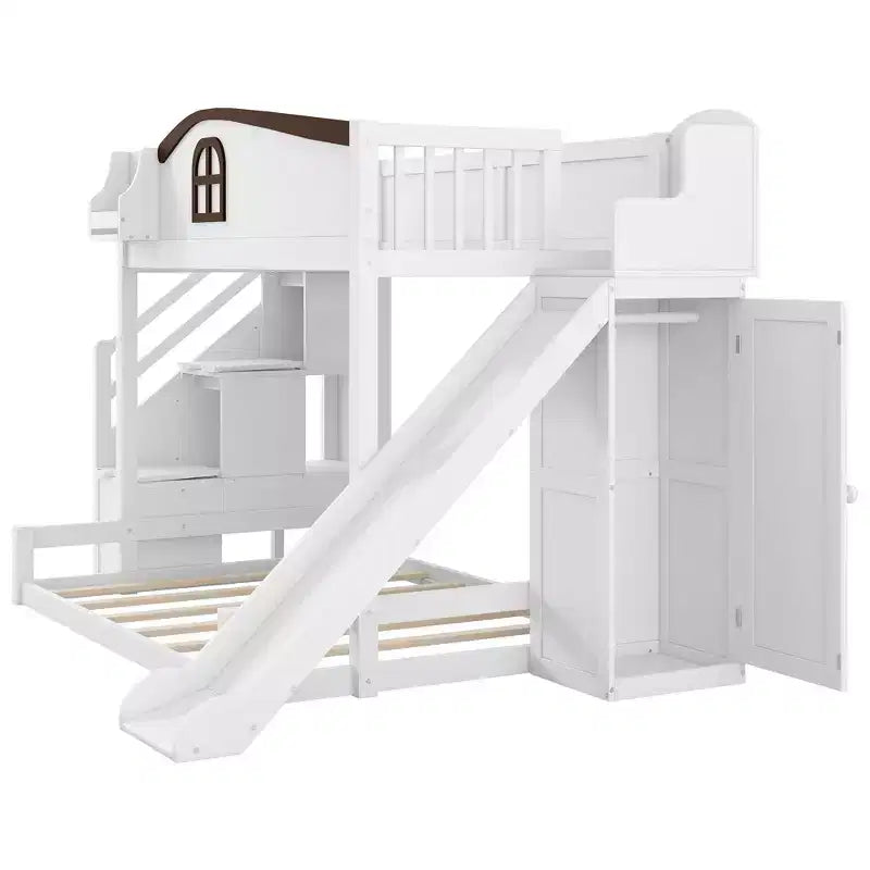 Lit superposé deux places et une place avec toboggan, étagères, escalier de rangement et armoire pour chambre d'enfant