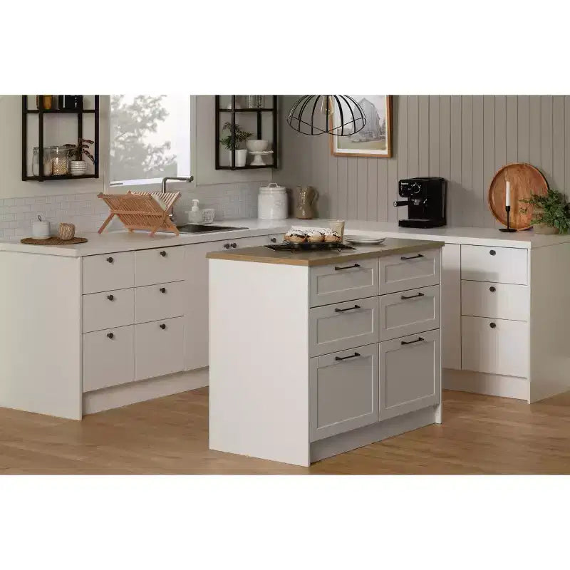Îlot de cuisine 6 tiroirs – Style campagnard, blanc et érable muscade, 47,25 larg.