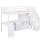 Lit mezzanine une place avec bureau en L, 3 tiroirs, placard, rangements intégrés dans l'escalier, en pin massif/MDF