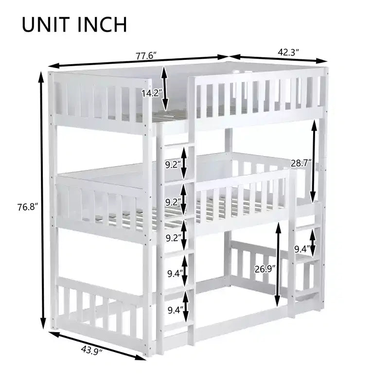 Lit superposé triple pour enfants, lit superposé trois places détachable avec échelle et barrière de sécurité, se sépare en 3 lits