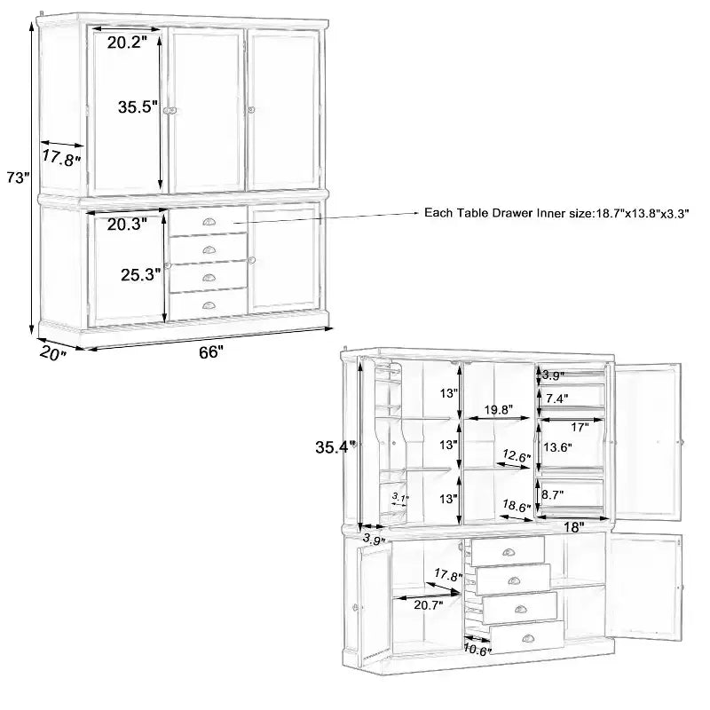 Garde-manger de cuisine autoportant Whisen 73 avec tiroirs et étagères réglables pour le rangement et l'organisation dans la salle à manger ou la cuisine