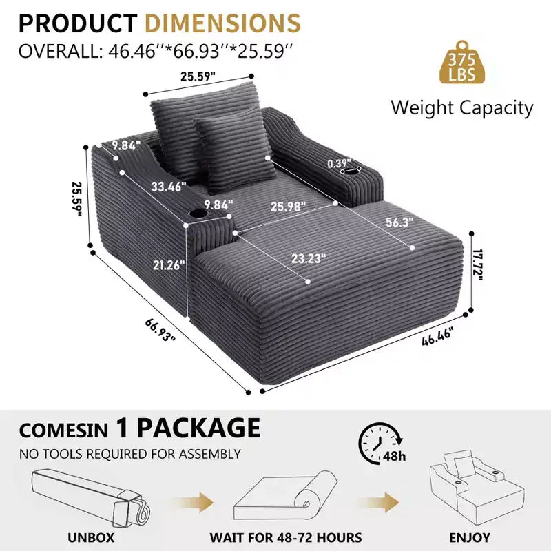 Chaise longue de 170 cm, canapé-lit d'intérieur avec 2 coussins, canapé monoplace sans structure pour salon, aucun assemblage requis
