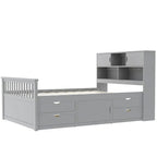 Lit plateforme capitaine double/grand avec 4 tiroirs et étagères de rangement, cadre de lit en bois massif avec tête de lit bibliothèque de rangement