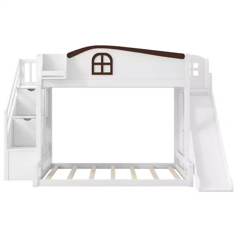Lit superposé deux places et une place avec toboggan, étagères, escalier de rangement et armoire pour chambre d'enfant