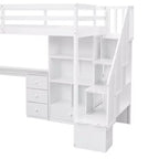 Lit mezzanine une place avec bureau en L, 3 tiroirs, placard, rangements intégrés dans l'escalier, en pin massif/MDF