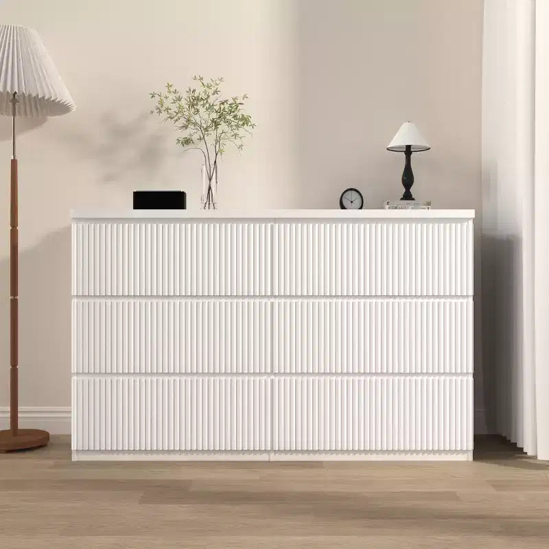 Commode à 6 tiroirs pour chambre à coucher, commode cannelée de 120 cm de large, commode en bois, meuble TV, organisateur de rangement pour vêtements pour chambre à coucher, couloir, entrée