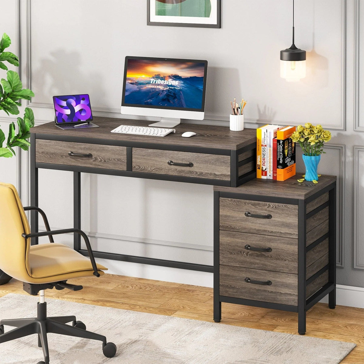 Bureau d'ordinateur réversible avec 5 tiroirs, bureau de travail à domicile avec caisson de rangement pour dossiers et support pour imprimante