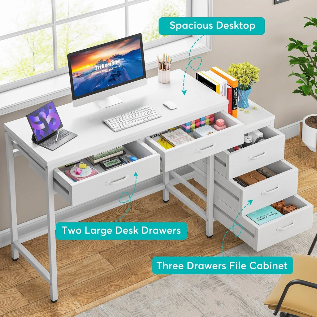 Bureau d'ordinateur réversible avec 5 tiroirs, bureau de travail à domicile avec caisson de rangement pour dossiers et support pour imprimante