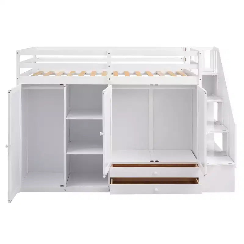 Lit mezzanine fonctionnel 93.3 avec armoires, étagères, tiroirs et échelle de rangement