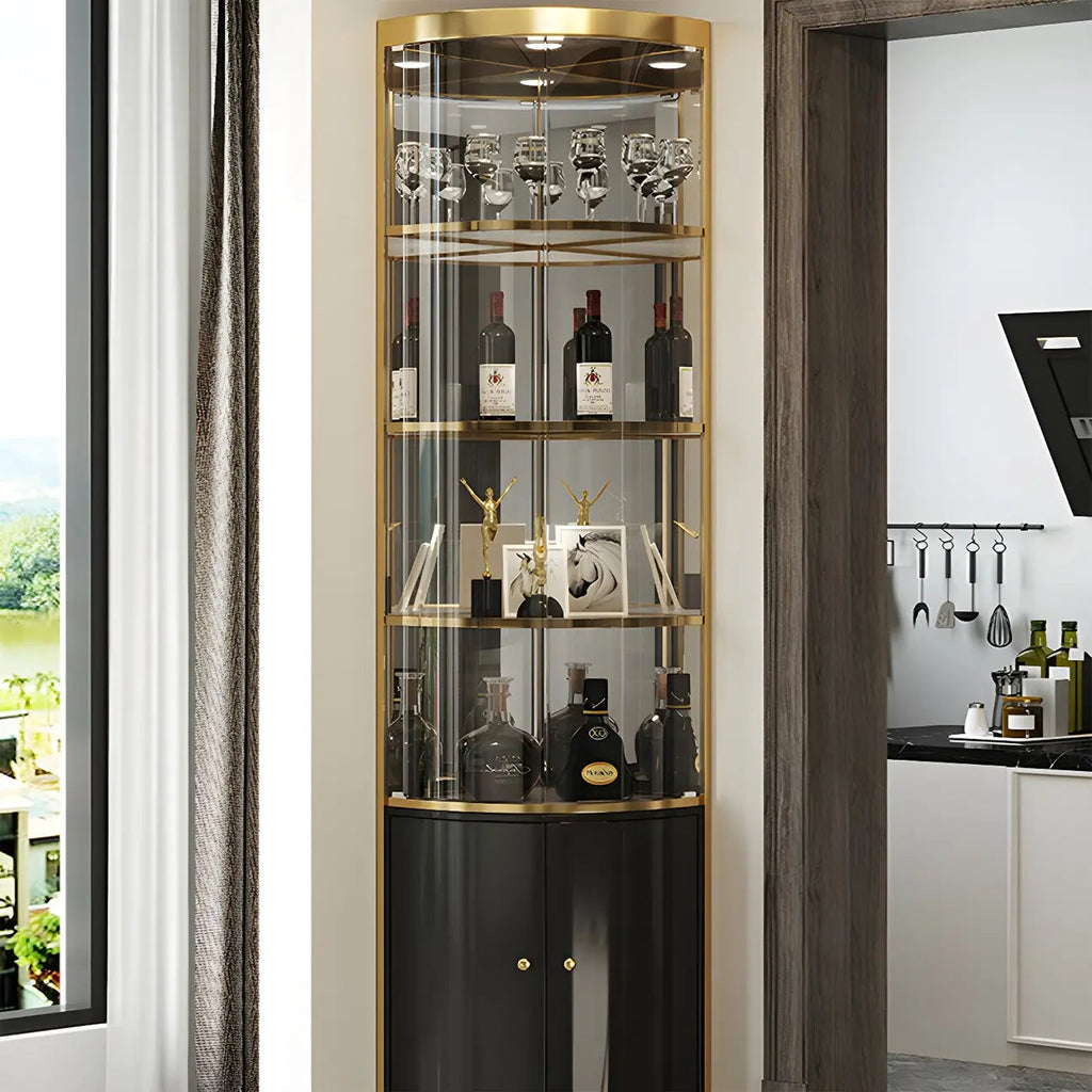 Vitrine d'angle arrondie en métal doré, verre et finition brillante Glam