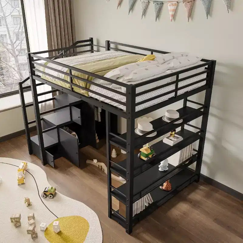 Lit mezzanine Queen Size en métal avec étagères de rangement, armoires et penderie