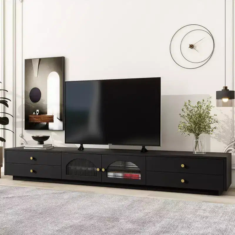 Meuble TV pour téléviseur de 95 pouces, console média extra-longue avec 2 portes et 4 tiroirs, grand meuble de rangement TV avec portes en verre cannelé