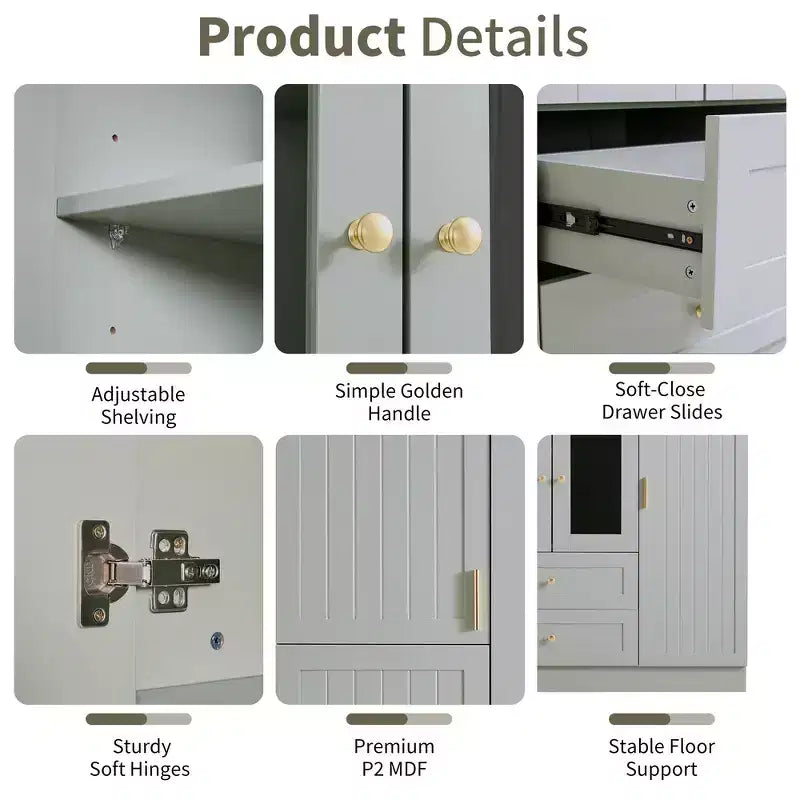 Armoire de rangement de cuisine sur pied Whisen 71H, grand buffet de salle à manger avec 6 portes et étagères réglables