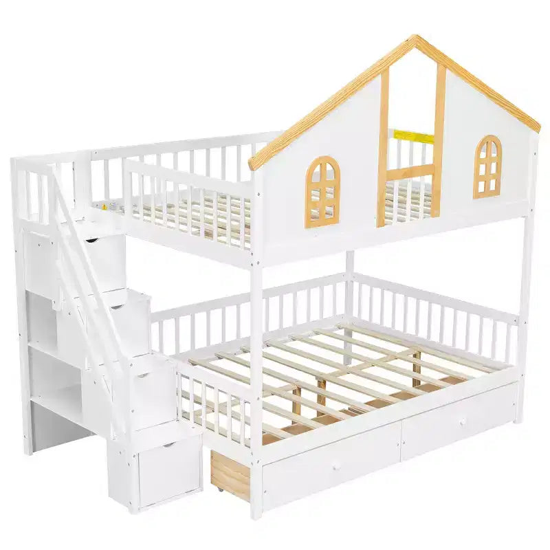 Lit superposé Whisen pour jumeaux avec porte fenêtre et toit, tiroirs de rangement et escalier