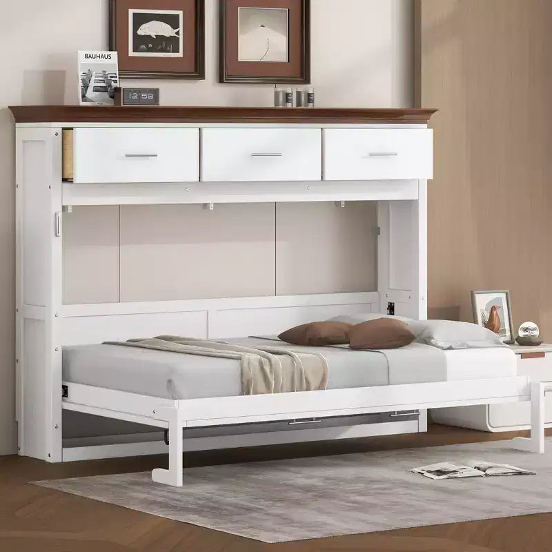 Lit escamotable double avec 3 tiroirs, armoire murale pliable, blanc