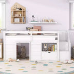 Lit mezzanine jumeau Okak en bois massif avec escalier et rangement, lits superposés jumeaux à profil bas avec tiroirs et étagères, lits mezzanine multifonctionnels pour enfants et adolescents