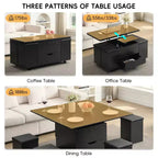 Table basse relevable multifonctionnelle et moderne avec rangement dissimulé, 4 tabourets et roulettes, parfaite pour les espaces de vie modernes.