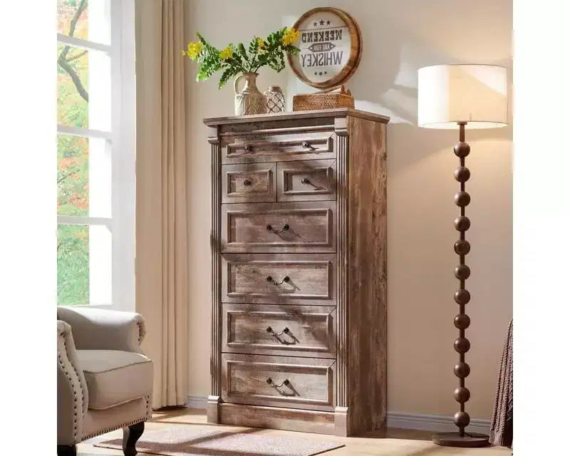 Mastgoal 57 Commode de Ferme avec 7 Tiroirs, Meuble de Rangement Rustique en Bois avec Colonne Romaine pour Chambre à Coucher