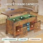 Table basse relevable avec 2 portes de grange coulissantes et rangement