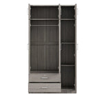 Armoire penderie miroir 3 portes avec 2 tiroirs et meuble haut