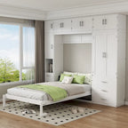 Lit escamotable moderne blanc pleine grandeur avec tiroirs, casiers et armoires