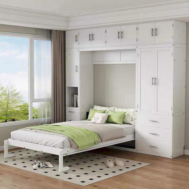 Lit escamotable moderne blanc pleine grandeur avec tiroirs, casiers et armoires