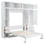 Lit escamotable moderne blanc pleine grandeur avec tiroirs, casiers et armoires
