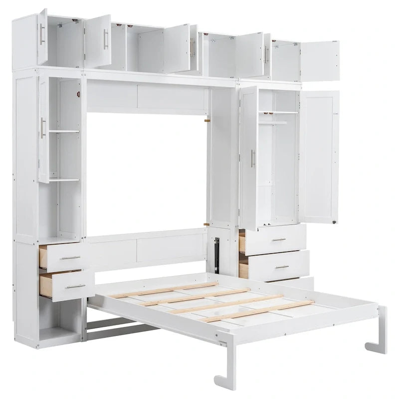 Lit escamotable moderne blanc pleine grandeur avec tiroirs, casiers et armoires