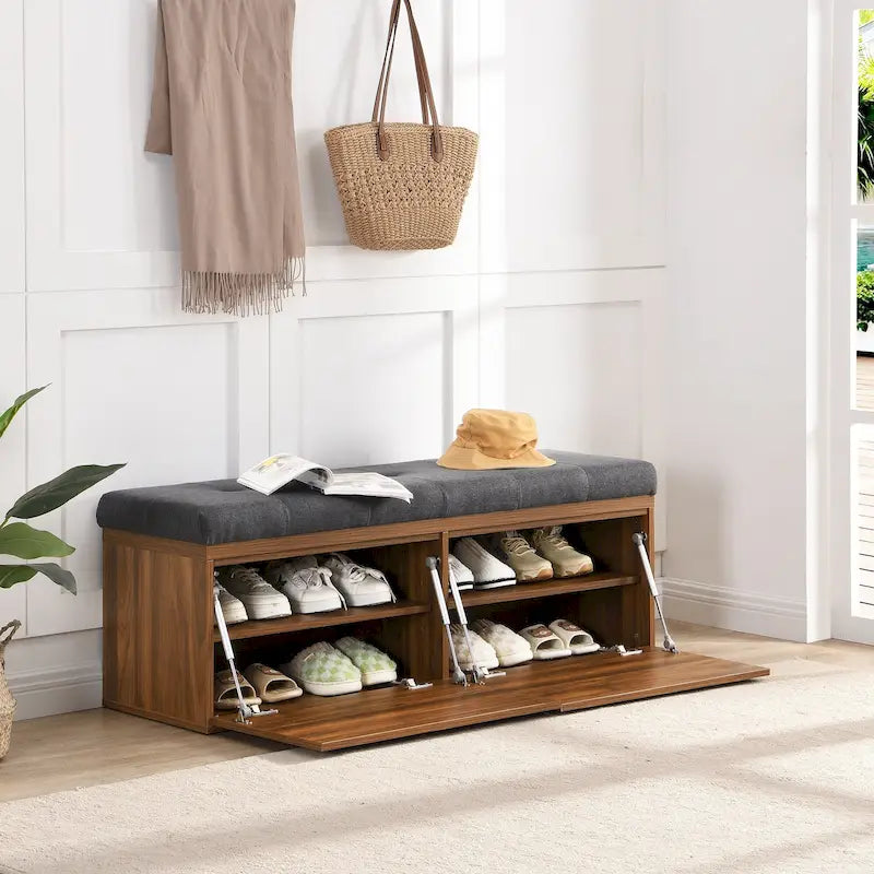 Banc de rangement pour chaussures, meuble à chaussures avec assise rembourrée et deux portes pour entrée