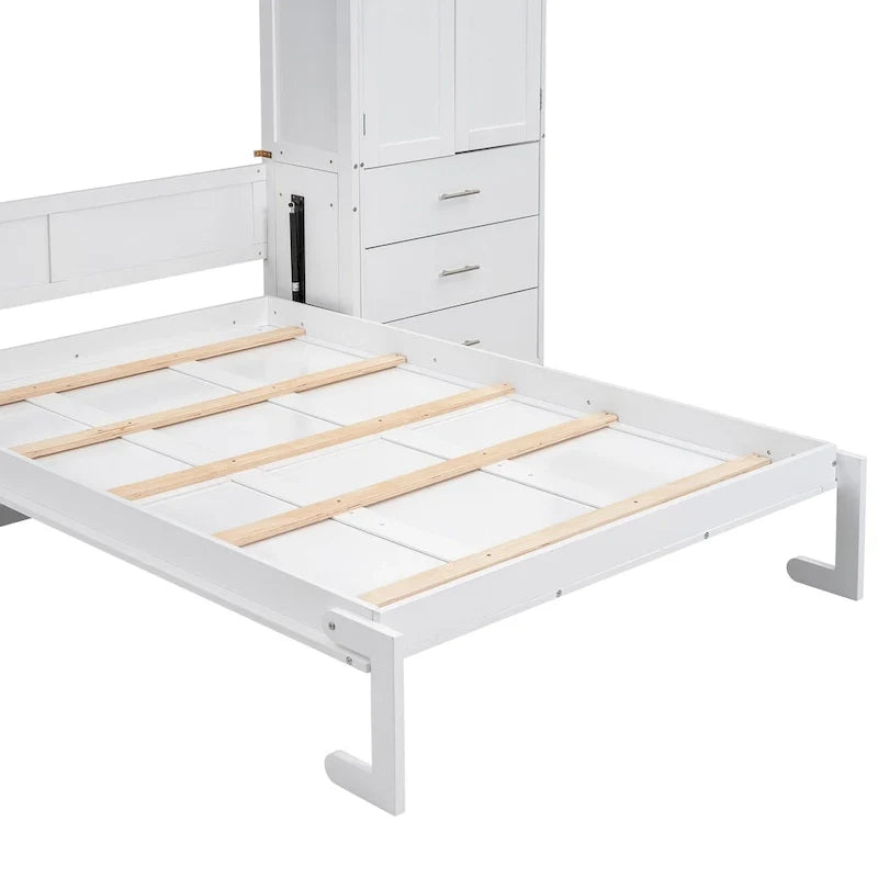 Lit escamotable moderne blanc pleine grandeur avec tiroirs, casiers et armoires