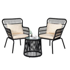 Ensemble bistrot 3 pièces en osier pour conversation, salon de jardin en rotin résistant aux intempéries avec coussins