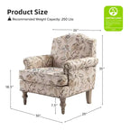 Fauteuil rembourré en bois avec motif floral, accoudoirs à panneaux et dossier en forme de bosse de chameau.