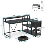 Bureau d'angle en L avec tiroir, bureau d'angle pour la maison avec étagères de rangement et support d'écran, bureau rustique pour petit espace