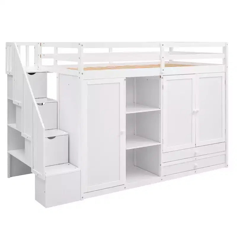 Lit mezzanine fonctionnel 93.3 avec armoires, étagères, tiroirs et échelle de rangement