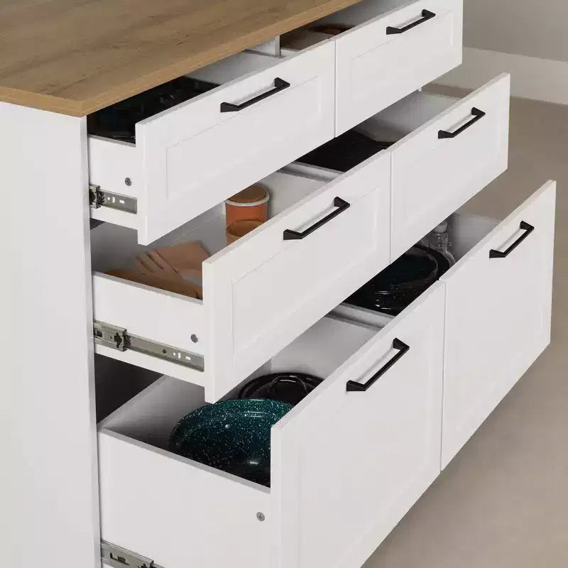 Îlot de cuisine 6 tiroirs – Style campagnard, blanc et érable muscade, 47,25 larg.