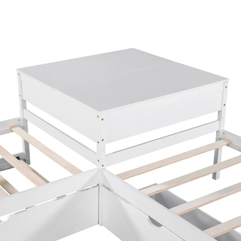 Lit plateforme moderne blanc en forme de L pour deux personnes avec lit gigogne et tiroirs pour chambre à coucher