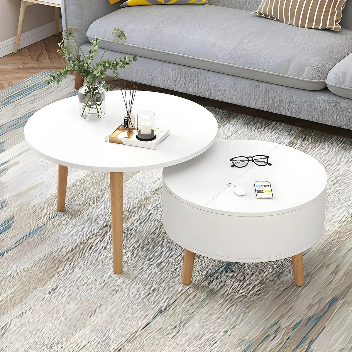 Table basse ronde moderne en bois noir et blanc avec rangement