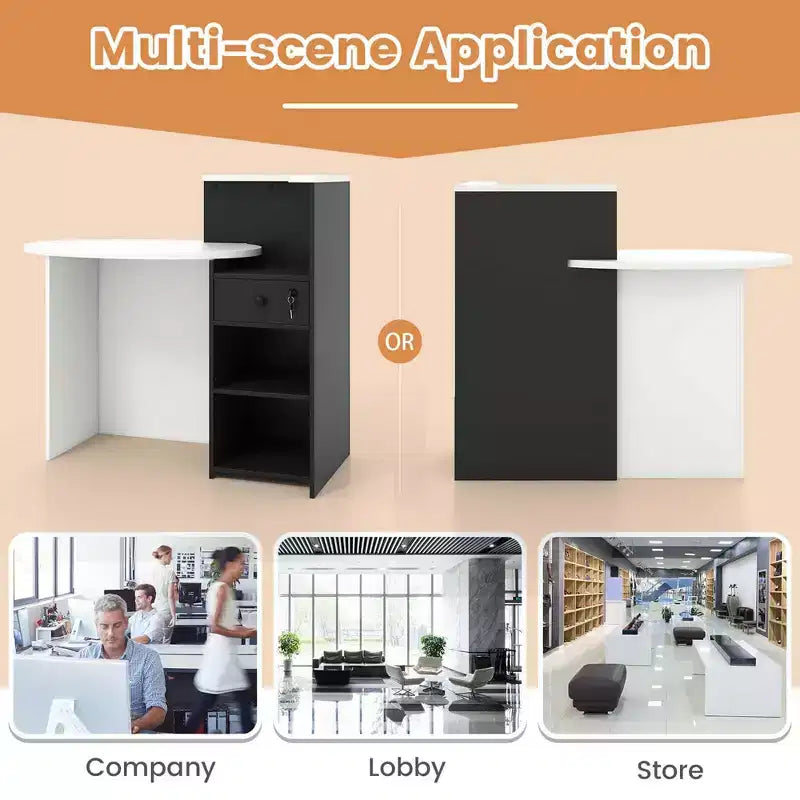 Costway Comptoir de Réception Bureau de Caisse avec Étagère Ouverte et Tiroir Verrouillable Blanc/Marron/Noir