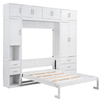 Lit escamotable moderne blanc pleine grandeur avec tiroirs, casiers et armoires