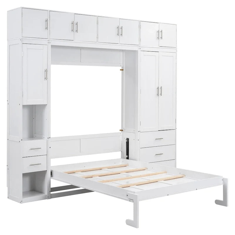 Lit escamotable moderne blanc pleine grandeur avec tiroirs, casiers et armoires