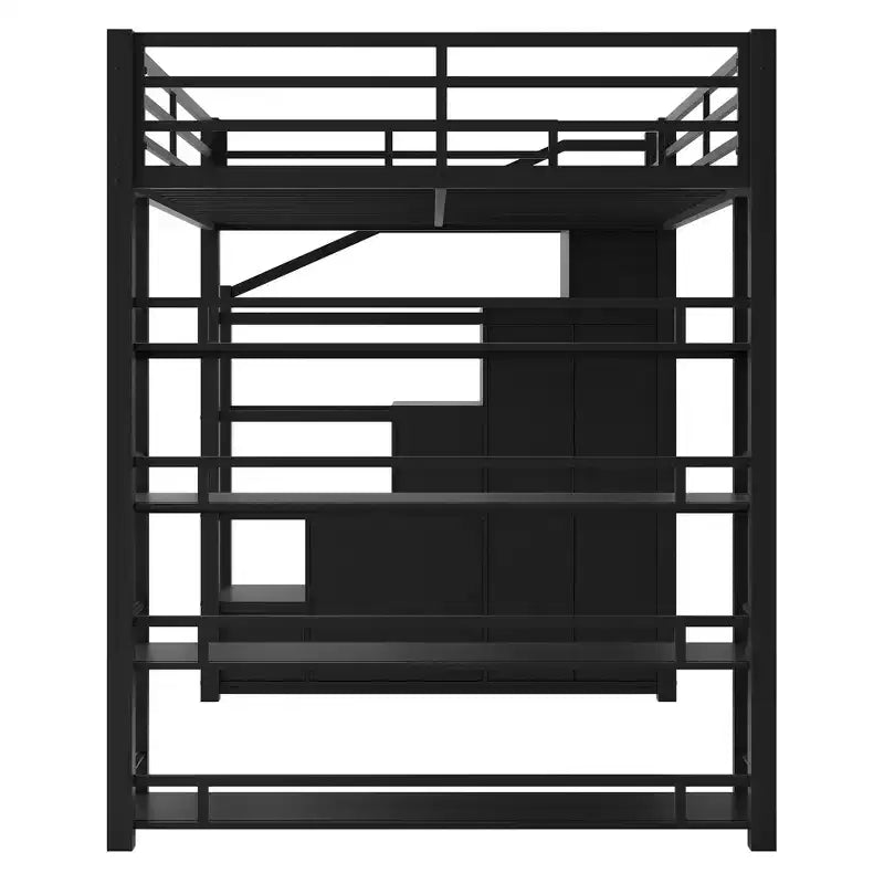 Lit mezzanine Queen Size en métal avec étagères de rangement, armoires et penderie