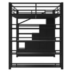 Lit mezzanine Queen Size en métal avec étagères de rangement, armoires et penderie