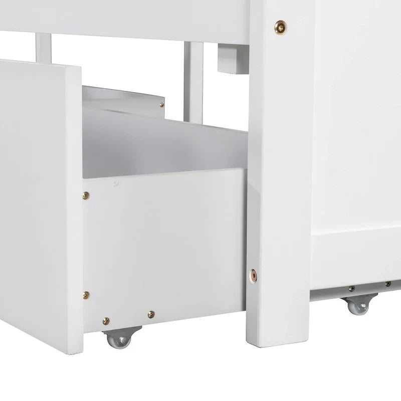 Lit plateforme moderne blanc en forme de L pour deux personnes avec lit gigogne et tiroirs pour chambre à coucher