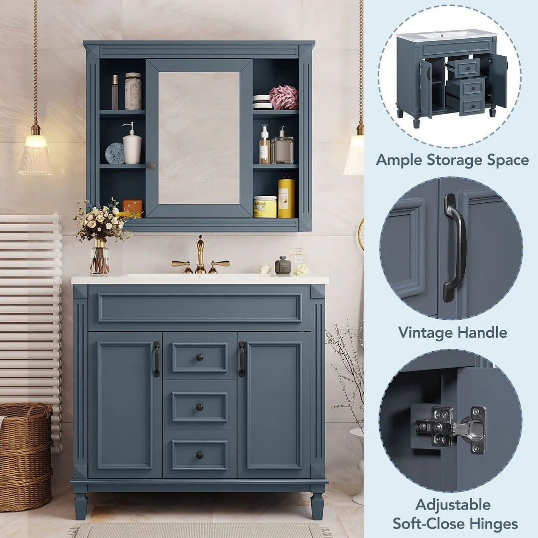 Meuble-lavabo moderne de 36 po avec vasque et armoire à miroir, 2 portes et 2 tiroirs
