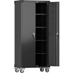 Armoire de rangement de garage avec roues et panneau perforé, armoire de rangement métallique verrouillable de 72 po de hauteur avec 2 portes et 4 étagères réglables pour atelier de garage